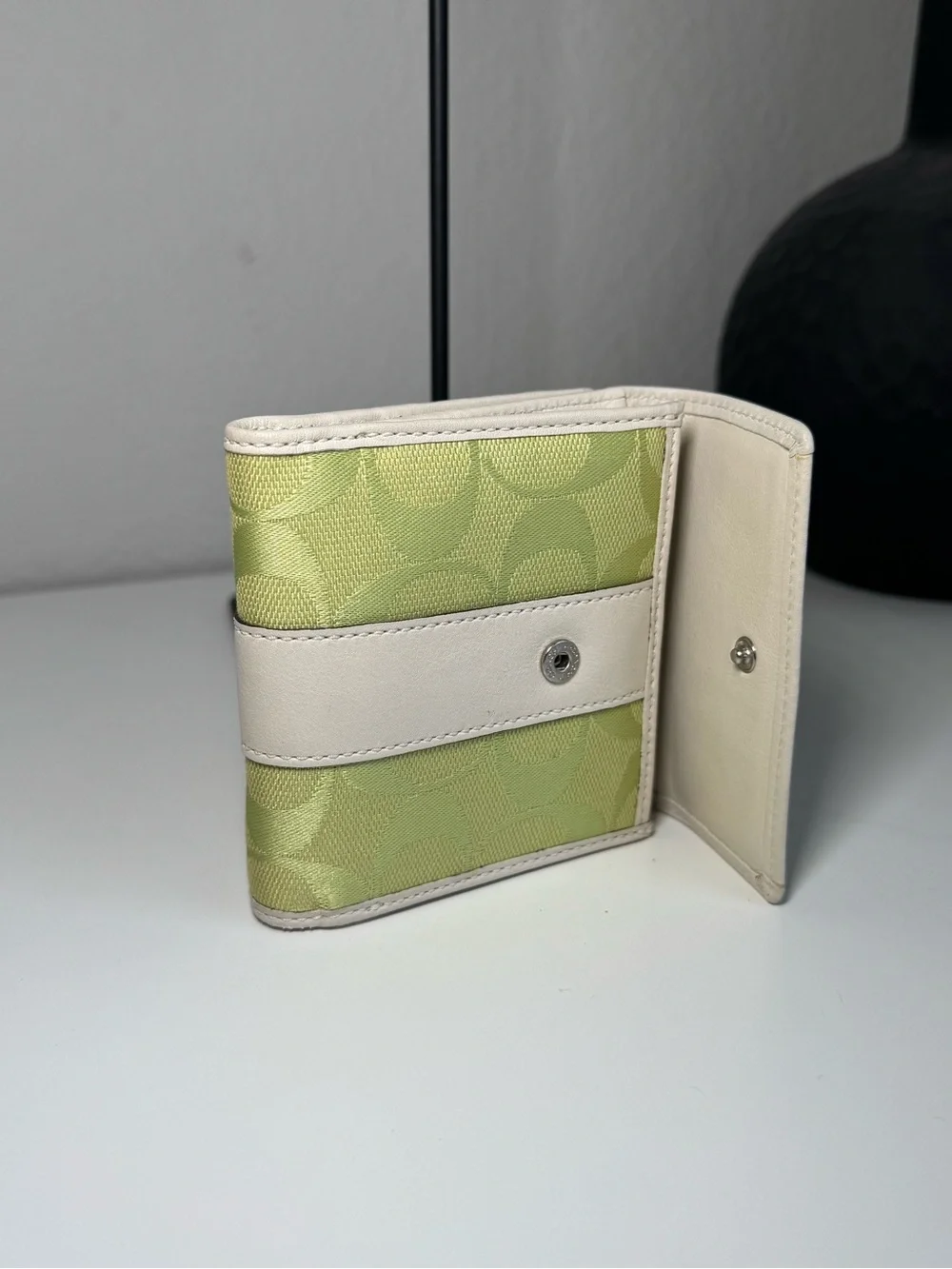 Vintage 2003 Coach Signature Jacquard Trifold Wallet in Lime Green
